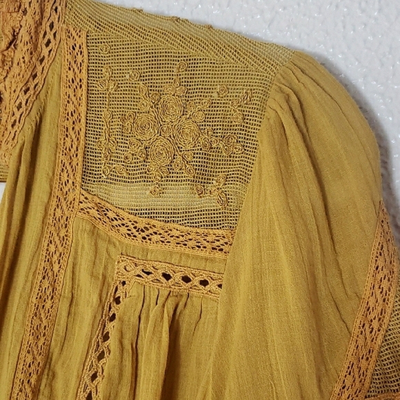 Free People Mustard Crop Top Tie Front 3/4 Bell Sleeves Lace Mesh Cotton Size S - Picture 5 of 16